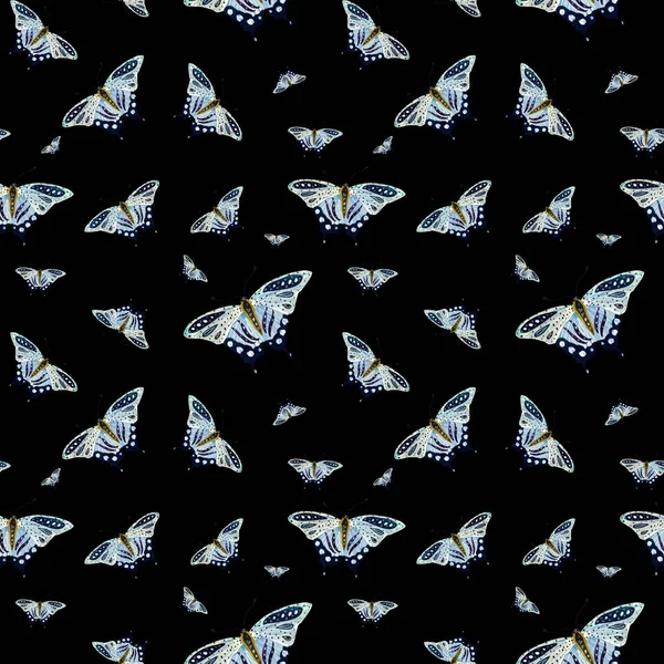 蓝色蝴蝶无缝图案 水彩画 被黑色背景隔离 可用于设计 家居装饰 印刷品 纺织品 邀请函 文具的图片 — 图库照片