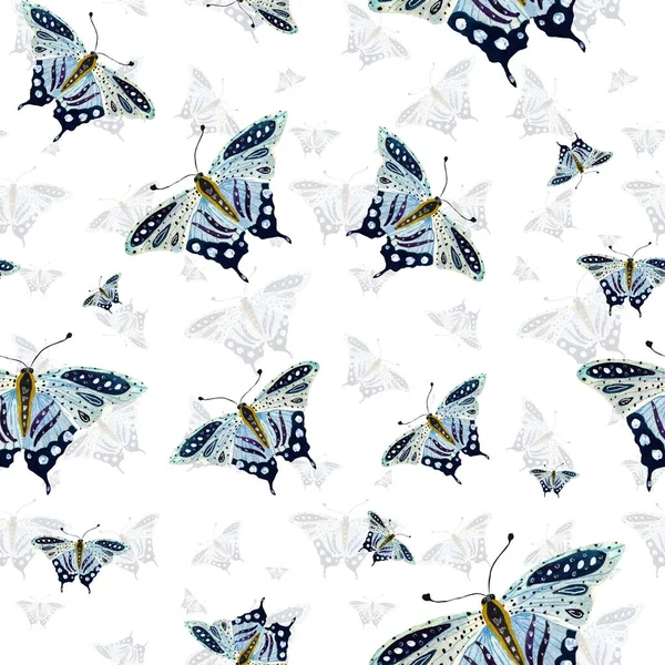 青い蝶 水彩画のイラストが施されたシームレスな華やかな模様 白地だ デザイン 家の装飾 ファブリック プリント テキスタイル カード 招待状 — ストック写真