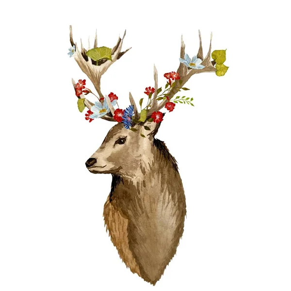 鹿の頭花の葉 水彩画 水彩画です 白い背景に隔離されている デザイン 家の装飾 ファブリック プリント テキスタイル カード — ストック写真