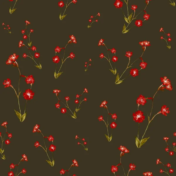 赤い花模様 かわいい水彩イラスト 緑の背景に描かれた手 デザイン 家庭の装飾 ファブリック プリント テキスタイル カード 招待状 — ストック写真