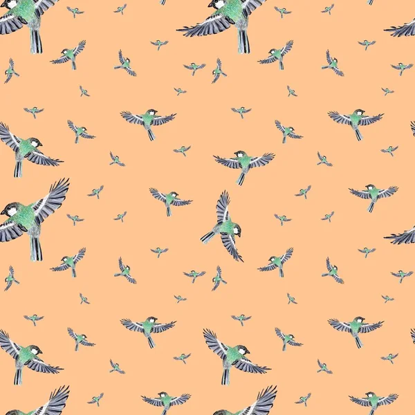 Vogel Fliegt Grün Muster Aquarell Illustration Hand Isoliert Auf Pfirsichhintergrund — Stockfoto