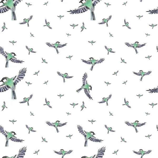 Vogel Fliegt Grün Muster Aquarell Illustration Hand Isoliert Auf Weißem — Stockfoto