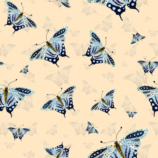 Μπλε Πεταλούδα Απρόσκοπτη Περίτεχνη Μοτίβο Μια Εικόνα Ακουαρέλα Μπεζ Φόντο — Φωτογραφία Αρχείου