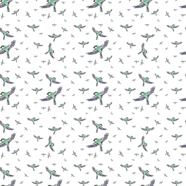 Птицы Летают Зеленым Узором Акварель Ручной Рисунок Белом Фоне Изображение — стоковое фото