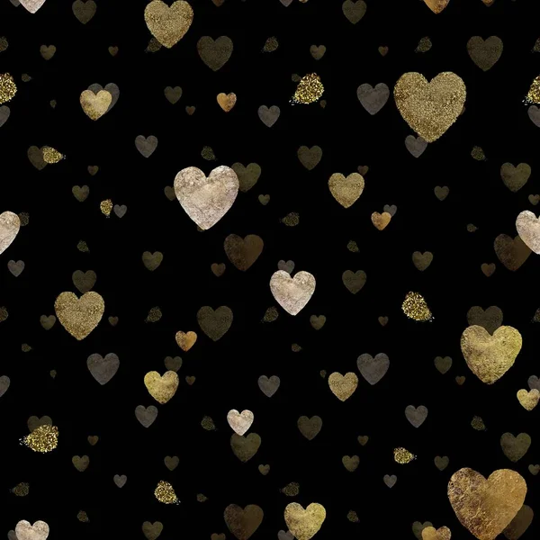 Золотой Сердечный Приступ Акварель Ручной Рисунок Текстуры Изолированный Черный Фон — стоковое фото