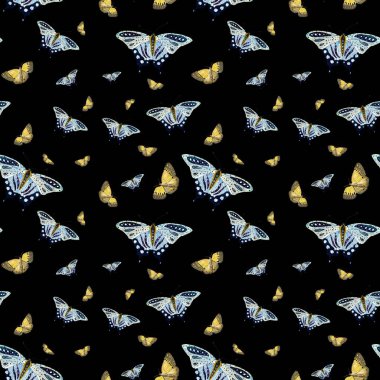 Sarı mavi kelebek pürüzsüz desen. Suluboya çizimi. Siyah arka planda izole edilmiş. Tasarım, ev dekorasyonu, kumaşlar, baskılar, tekstil, kartlar, davetiyeler, pankartlar, kırtasiye malzemeleri. 