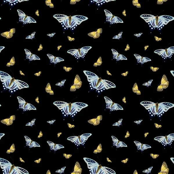 Žlutomodrý Motýlí Vzor Ilustrace Akvarelů Izolované Černém Pozadí Použití Designu — Stock fotografie