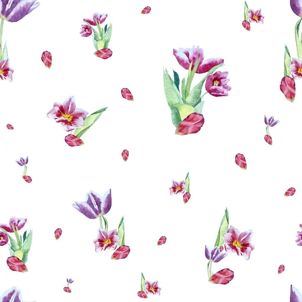チューリップの赤い紫色のパターンの花束 水彩画です カード ポスター 家の装飾 包装紙 服や布 アクセサリー 文房具にこの高品質の手描きの画像を使用してください — ストック写真