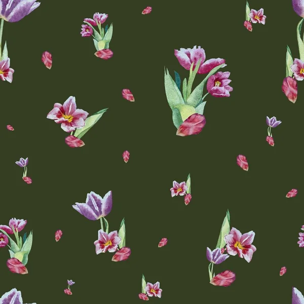 Tulipánová Fialová Kytice Zelená Ilustrace Akvarelů Použijte Tento Vysoce Kvalitní — Stock fotografie