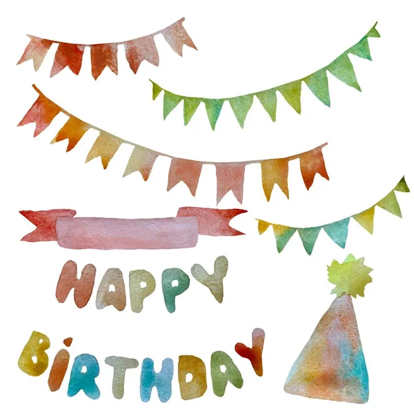 Happy Birthday Set Cap Flag Ribbon Watercolor Illustration Hand Drawn — Stock Photo, Image