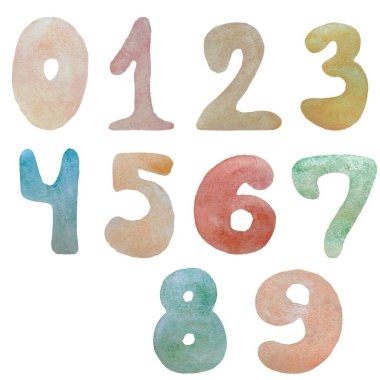 Rakamlar renkli çizgi film çizimleri. Suluboya çizimi. El yapımı doku. İzole edilmiş beyaz arka plan. Tasarım, kumaşlar, baskılar, tekstil, kartlar, davetiyeler, afişler, kuponlar için kullanılacak. 