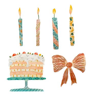 Candle cake bow happy birthday set. A watercolor illustration. Hand drawn texture. Isolated white background. For use in design, fabrics, prints, textile, cards, invitations, banners, coupons, voucher clipart