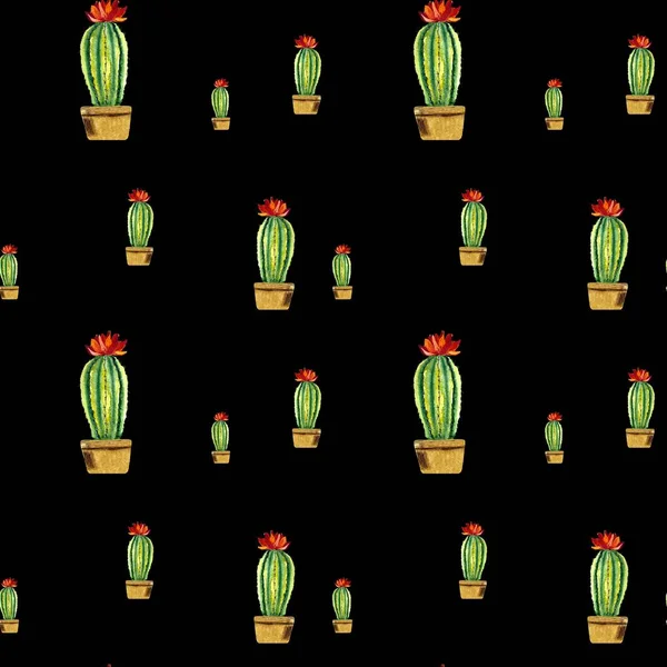 Modello Fiore Rosso Verde Cactus Illustrazione Acquerello Texture Disegnata Mano — Foto Stock