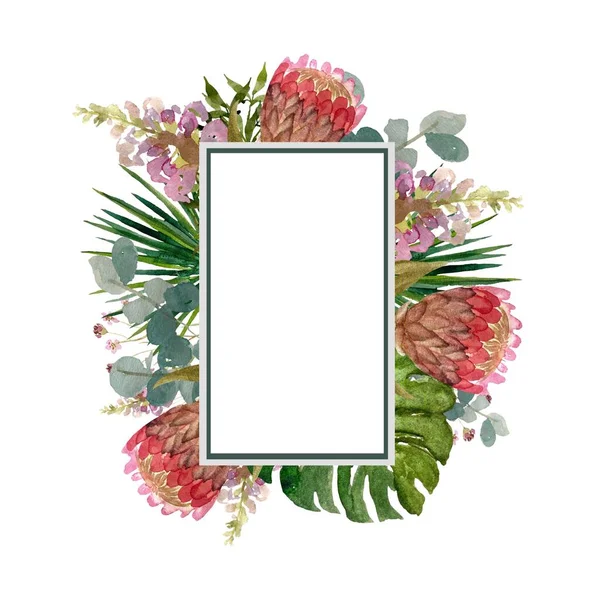 Frame flower palm leaf vertical sketch. A watercolor illustration. Hand drawn texture. Isolated white background. For to use in design, fabrics, prints, textile, cards, invitations, banners, coupons.