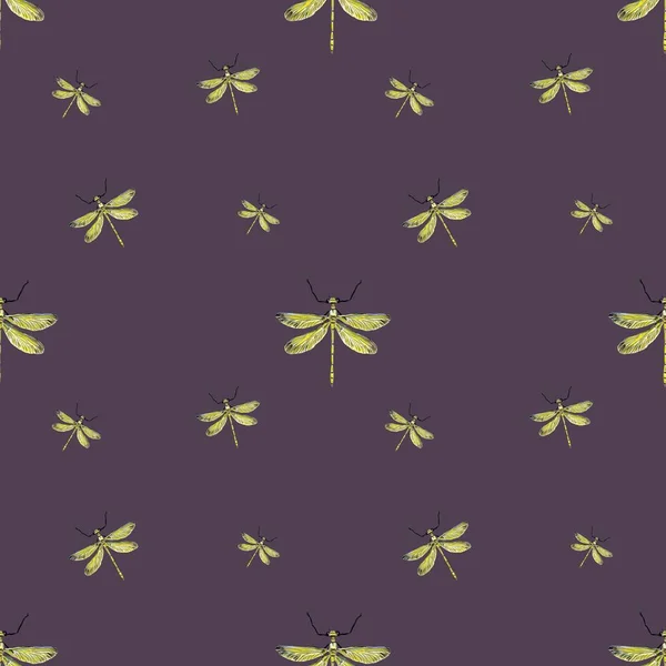 Жовтий Візерунок Dragonfly Акварельна Ілюстрація Мальована Текстура Рук Ізольовано Фіолетовому — стокове фото