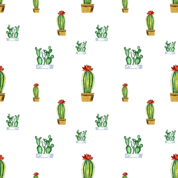 Cactus Pot Seamless Pattern Watercolor Illustration Hand Drawn Texture Isolated — Stock Photo, Image