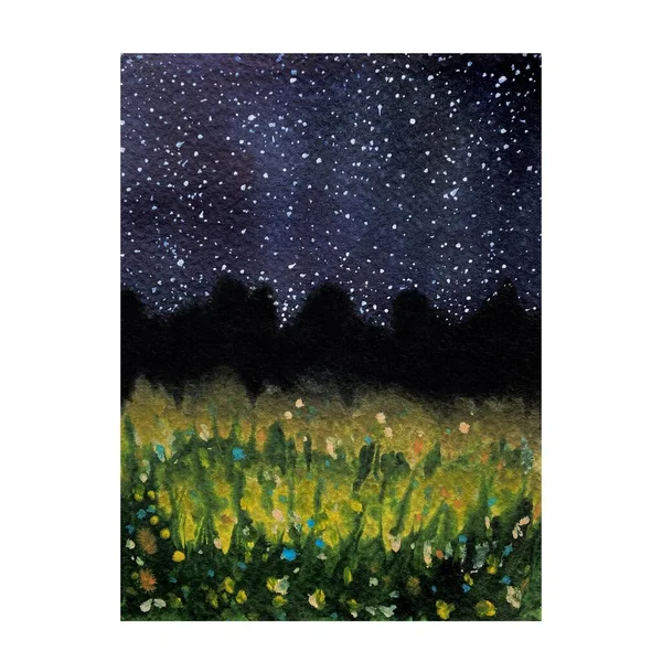 背景夜の星のフィールドスケッチ 水彩画です 手描きの質感 隔離された白い背景 デザイン ファブリック プリント テキスタイル カード 招待状 — ストック写真