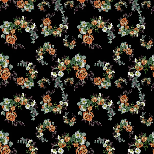 Blume Rose Gänseblümchen Zweigmuster Eine Aquarell Illustration Handgezeichnete Textur Vereinzelter — Stockfoto