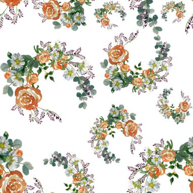 Çiçekli papatya dalı deseni. Suluboya çizimi. El yapımı doku. İzole edilmiş beyaz arka plan. Tasarım, kumaşlar, baskılar, tekstil, kartlar, davetiyeler, afişler, kuponlar için kullanılacak. 