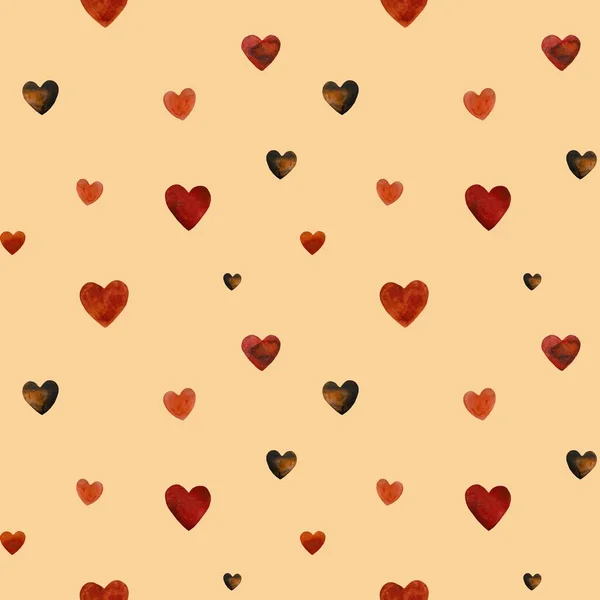 Red Heart Pattern Sketch Watercolor Isolated Illustration Hand Drawn Beige — Stock Photo, Image