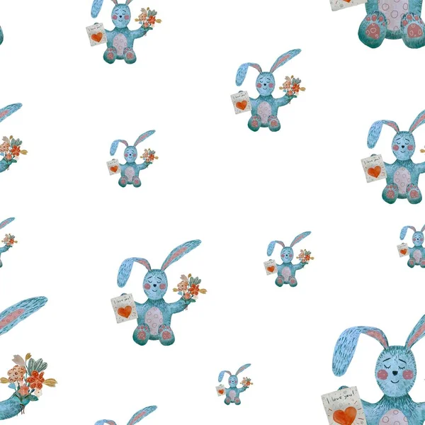 Conejo Ramo Flores Azul Patrón Plano Una Ilustración Acuarela Textura —  Fotos de Stock