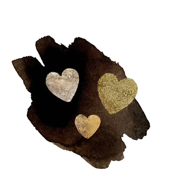 Пятна Пятна Черном Инсульте Золотое Сердце Акварель Ручной Рисунок Текстуры — стоковое фото