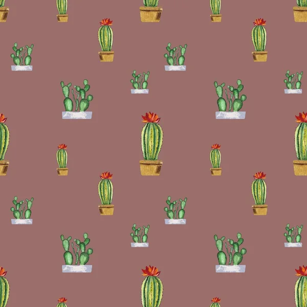 Cactus in pot pattern dusty red. A watercolor illustration. Hand drawn texture. Isolated dusty pink background. For to use in design, fabrics, prints, textile, cards, invitations, banners, coupons.