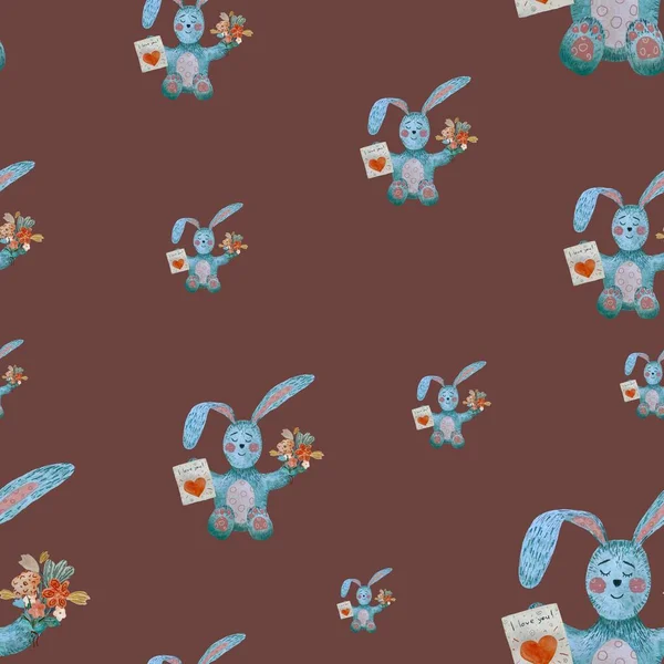 Conejo Ramo Flores Azul Patrón Grande Una Ilustración Acuarela Textura —  Fotos de Stock
