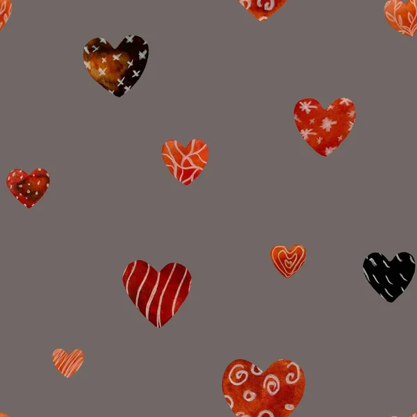 赤のテクスチャハート大規模なパターン 水彩で描かれたイラスト 手描き 灰色の背景で デザイン 家の装飾 ファブリック プリント テキスタイル カード — ストック写真