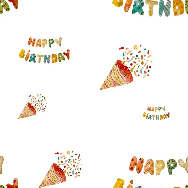 Wszystkiego Najlepszego Okazji Urodzin Petard Confetti Wzór Ilustracja Akwarela Ręcznie — Zdjęcie stockowe