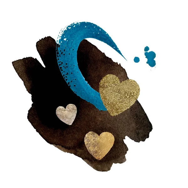 Темно Синий Удар Золотым Сердцем Акварель Ручной Рисунок Текстуры Изолированный — стоковое фото