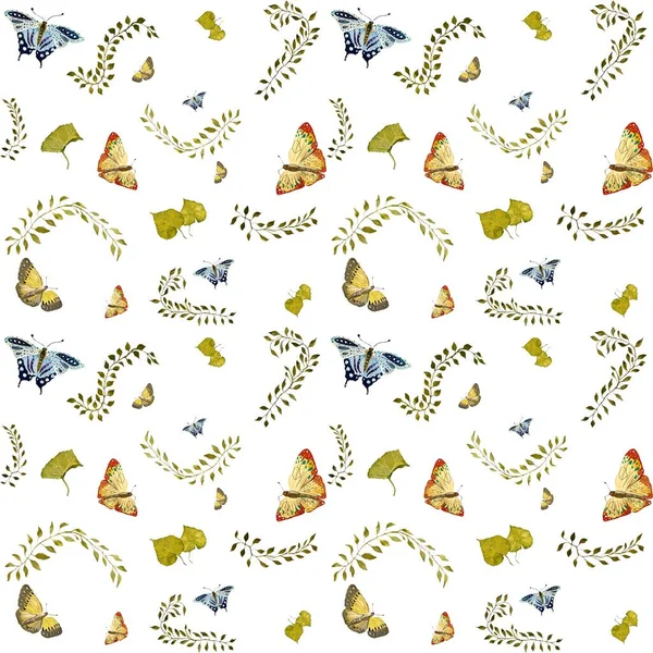 自然蝶の葉のリアナかわいいパターン 水彩画です 手描きの質感 隔離されてる デザイン ファブリック プリント テキスタイル カード 招待状 — ストック写真