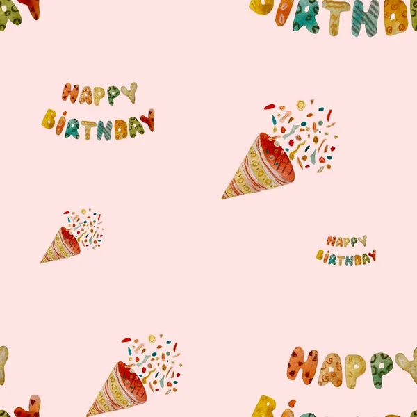 Wszystkiego Najlepszego Listy Urodzinowe Petard Confetti Wzór Ilustracja Akwarela Ręcznie — Zdjęcie stockowe