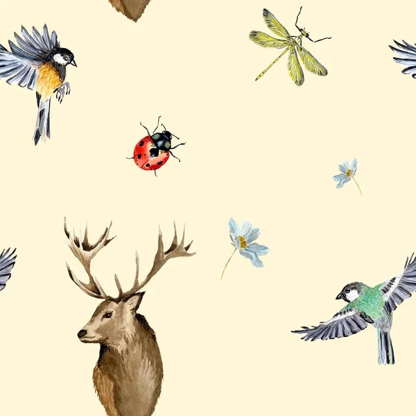 Naturaleza Pájaro Ciervo Libélula Mariquita Patrón Beige Una Ilustración Acuarela —  Fotos de Stock