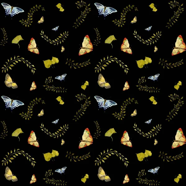 Liana Mariposa Deja Patrón Negro Una Ilustración Acuarela Textura Dibujada —  Fotos de Stock