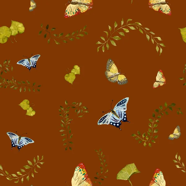 Liana Motyl Pozostawia Brązowy Wzór Ilustracja Akwarela Ręcznie Rysowana Faktura — Zdjęcie stockowe