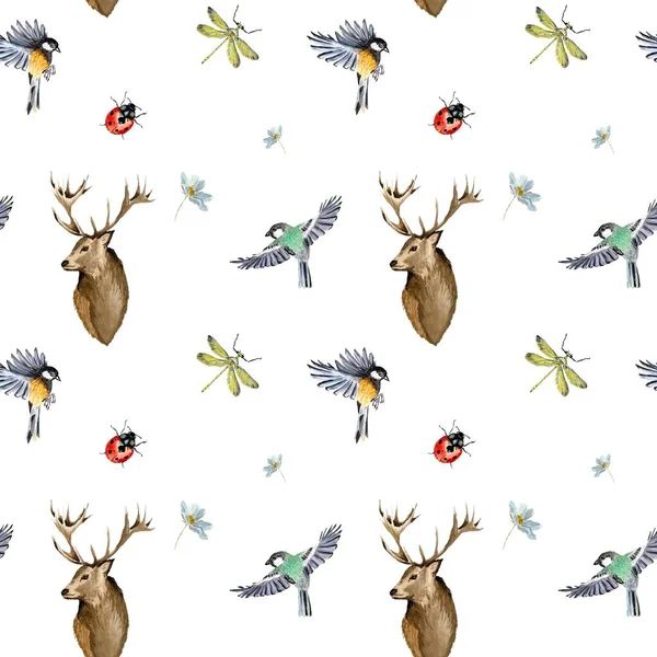 自然鳥鹿トンボのテントウムシのパターン 水彩画です 手描きの質感 隔離されてる デザイン ファブリック プリント テキスタイル カード 招待状 — ストック写真