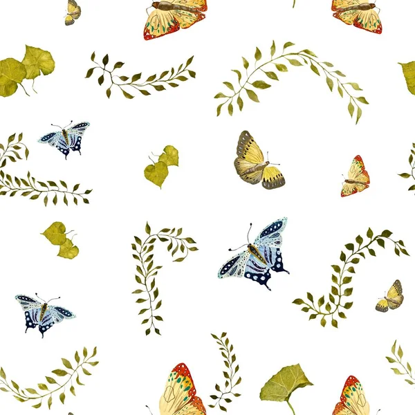 Liana Butterfly Leaves Cute Pattern Watercolor Illustration Hand Drawn Texture — Stock Photo, Image