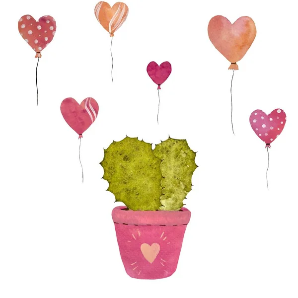 Dort Kaktusový Balónek Růžový Valentýn Ilustrace Akvarelů Ručně Kreslená Textura — Stock fotografie