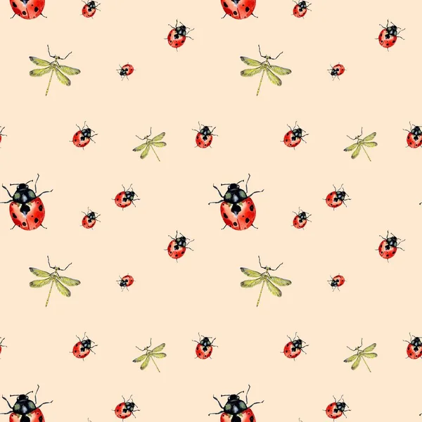 Marienkäfer Rote Libelle Gelb Beige Muster Eine Aquarell Illustration Handgezeichnete — Stockfoto
