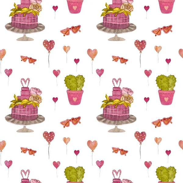 Kuchen Kaktus Ballon Muster Niedlich Eine Aquarell Illustration Handgezeichnete Textur — Stockfoto