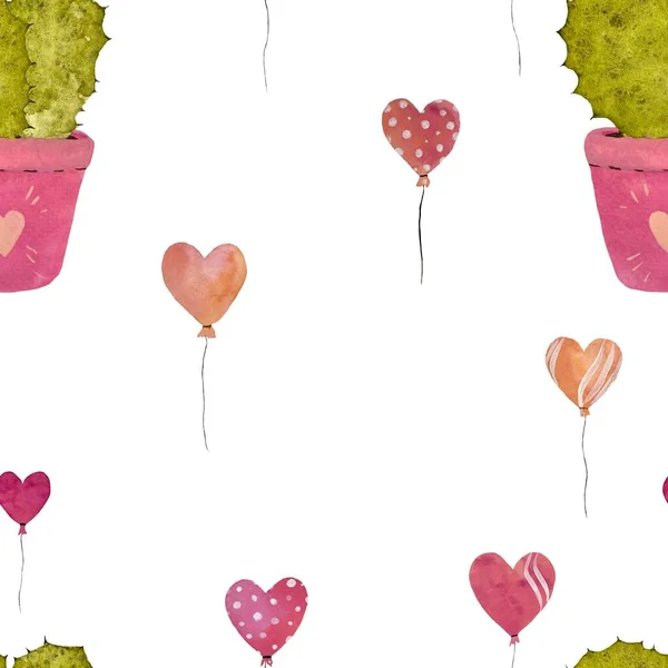 Kaktüs Balonu Pembe Sevgililer Günü Deseni Suluboya Çizimi Yapımı Doku — Stok fotoğraf