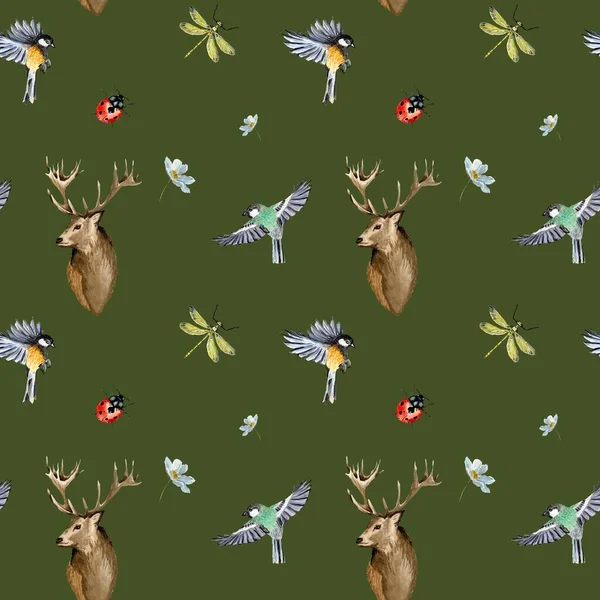 自然の鳥の鹿てんとう虫緑のパターン 水彩画です 手描きの質感 隔離されてる デザイン ファブリック プリント テキスタイル カード 招待状 — ストック写真