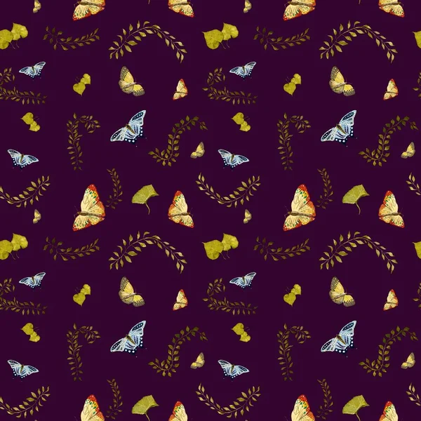 Liana Mariposa Deja Patrón Violeta Una Ilustración Acuarela Textura Dibujada —  Fotos de Stock