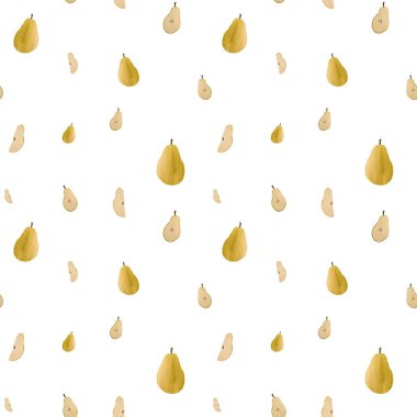 Armut yeşili, sarı, sevimli meyve deseni. Suluboya çizimi. El yapımı ve izole edilmiş. Tasarım, kumaşlar, baskılar, tekstil, kartlar, davetiyeler, afişler, kuponlar, kuponlar.