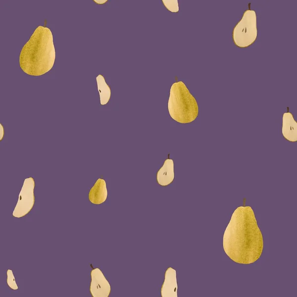 緑の黄色の果実かわいい紫色のパターンを梨 水彩画です 手描きの質感と隔離 デザイン ファブリック プリント テキスタイル カード 招待状 バナー — ストック写真