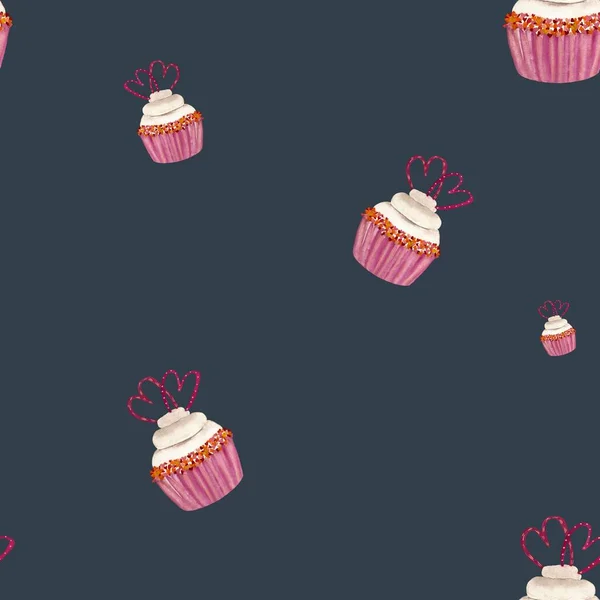 Muffin Valentijn Roze Hart Patroon Een Aquarel Illustratie Handgetekende Textuur — Stockfoto