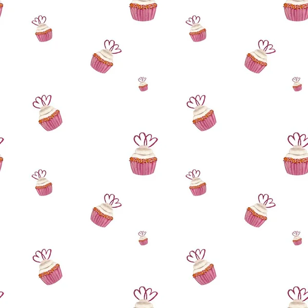 Muffin Valentine Coração Rosa Padrão Uma Ilustração Aquarela Textura Desenhada — Fotografia de Stock