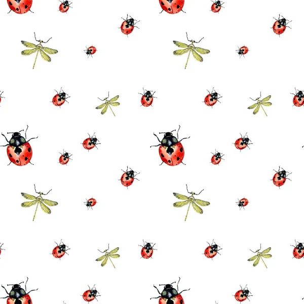 Ladybug Red Dragonfly Yellow Pattern Watercolor Illustration Hand Drawn Texture — Stock Photo, Image