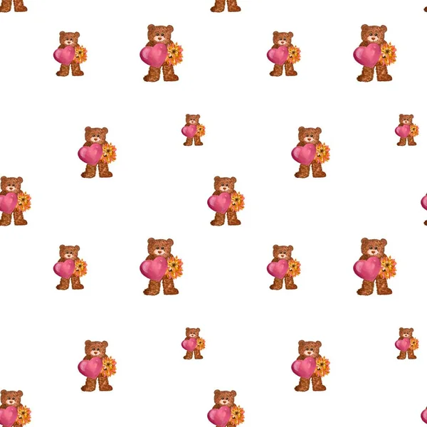 Αρκούδα Καφέ Καρδιά Λουλούδι Ροζ Μοτίβο Εικονογράφηση Ακουαρέλας Χειροποίητη Υφή — Φωτογραφία Αρχείου